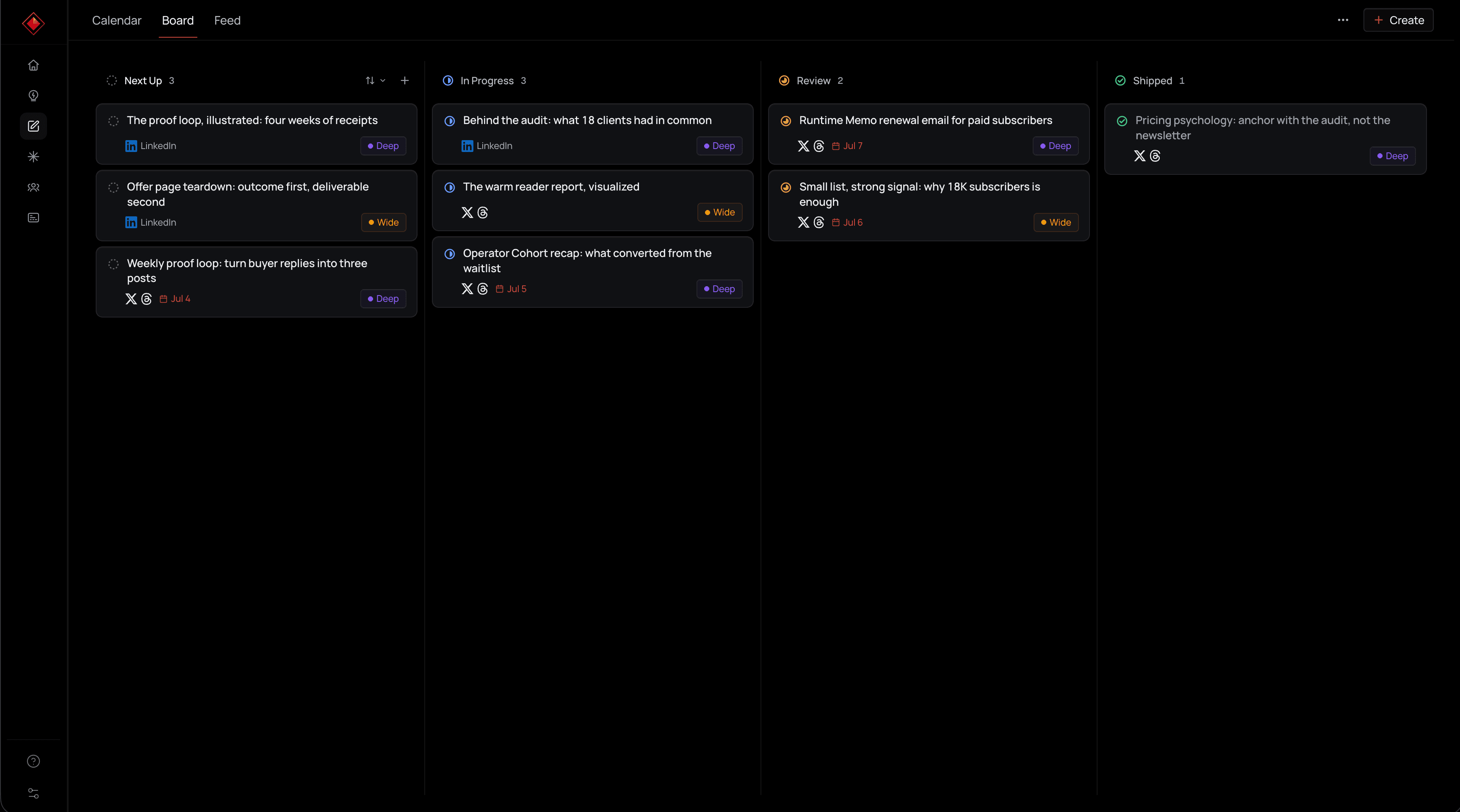 Distinctful creation board screenshot showing content cards moving through Next Up, In Progress, Review, and Shipped columns