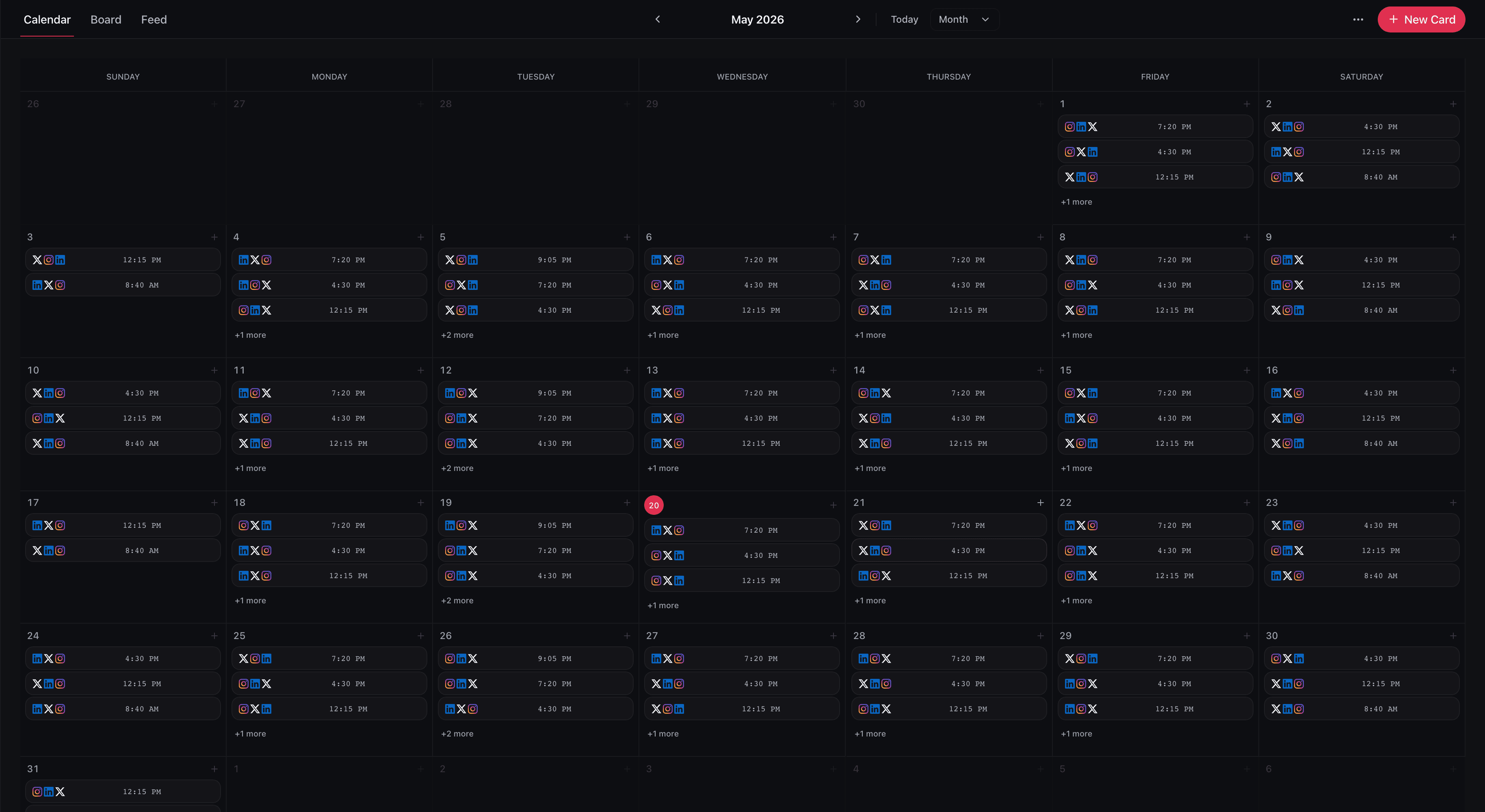 Creation calendar screenshot showing a full month of Instagram, X, and LinkedIn publishing with grouped platform logos
