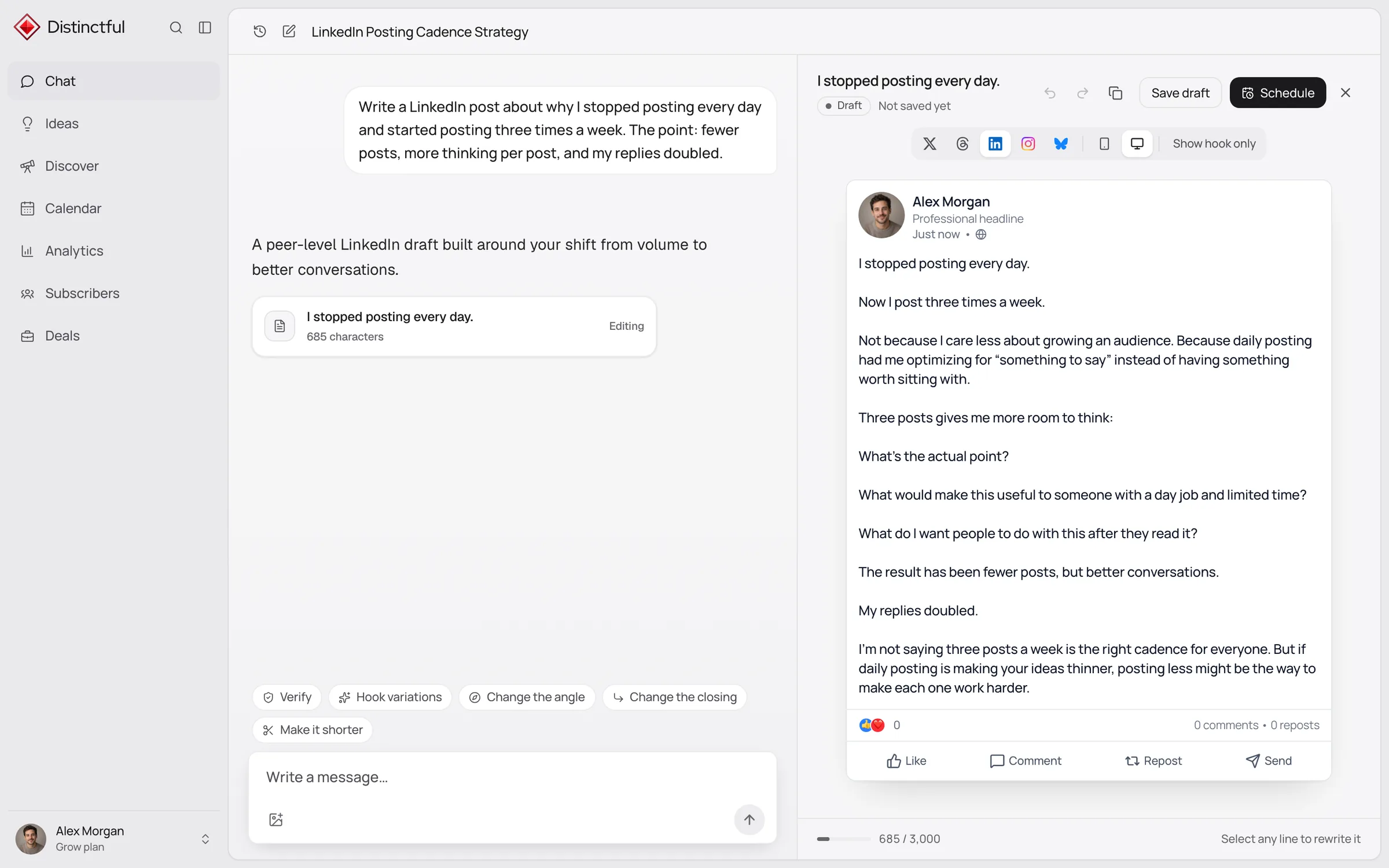 Distinctful AI chat in light mode: a request for a LinkedIn post about posting three times a week, with the finished draft open in a LinkedIn preview beside Save draft and Schedule