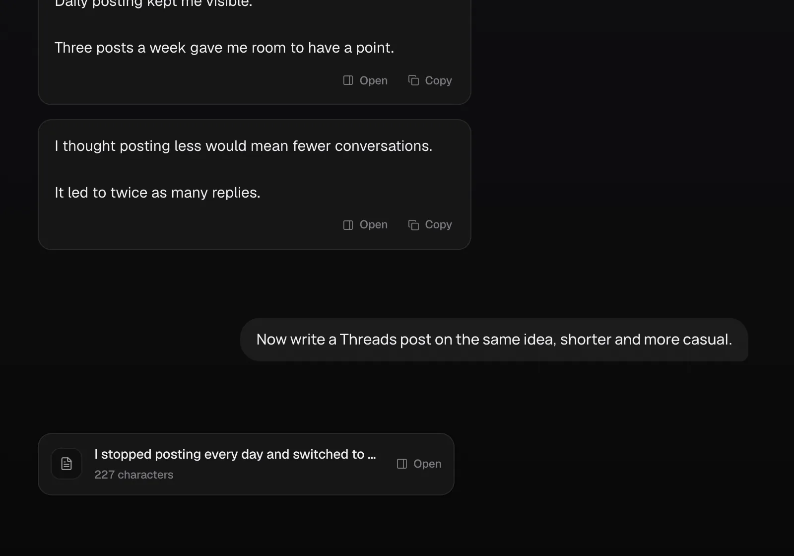 Distinctful AI chat in dark mode: alternative openings for a post and a shorter Threads version saved as a draft