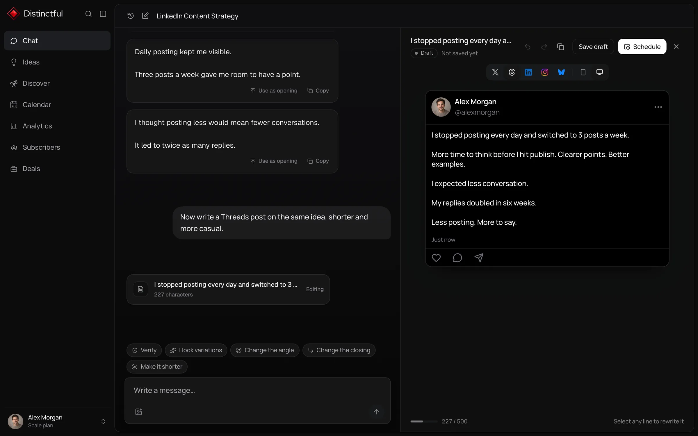 Distinctful AI chat in dark mode with a Threads draft open in a live preview beside the conversation