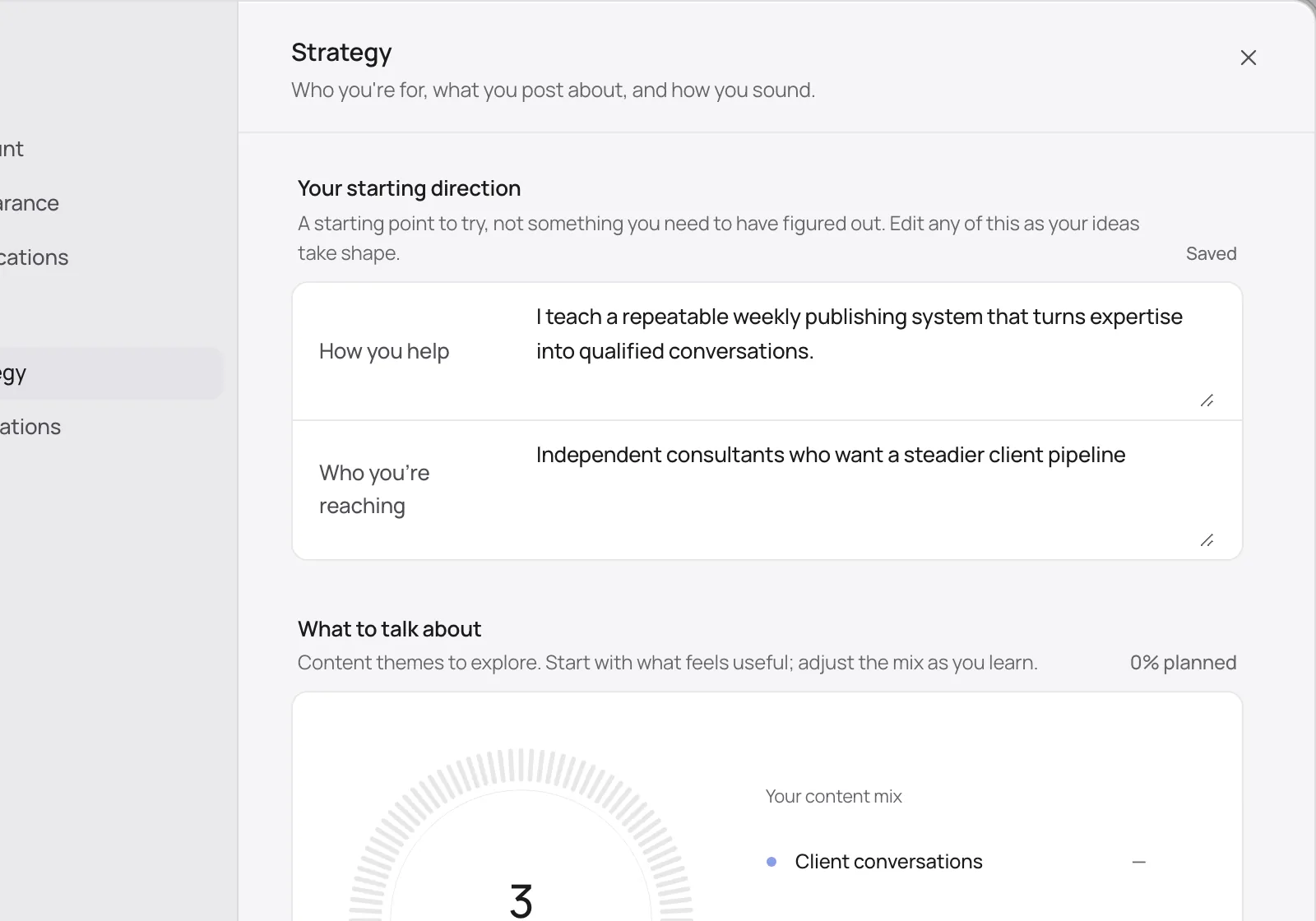 Distinctful strategy settings in light mode: how you help, who you are reaching, and three content pillars