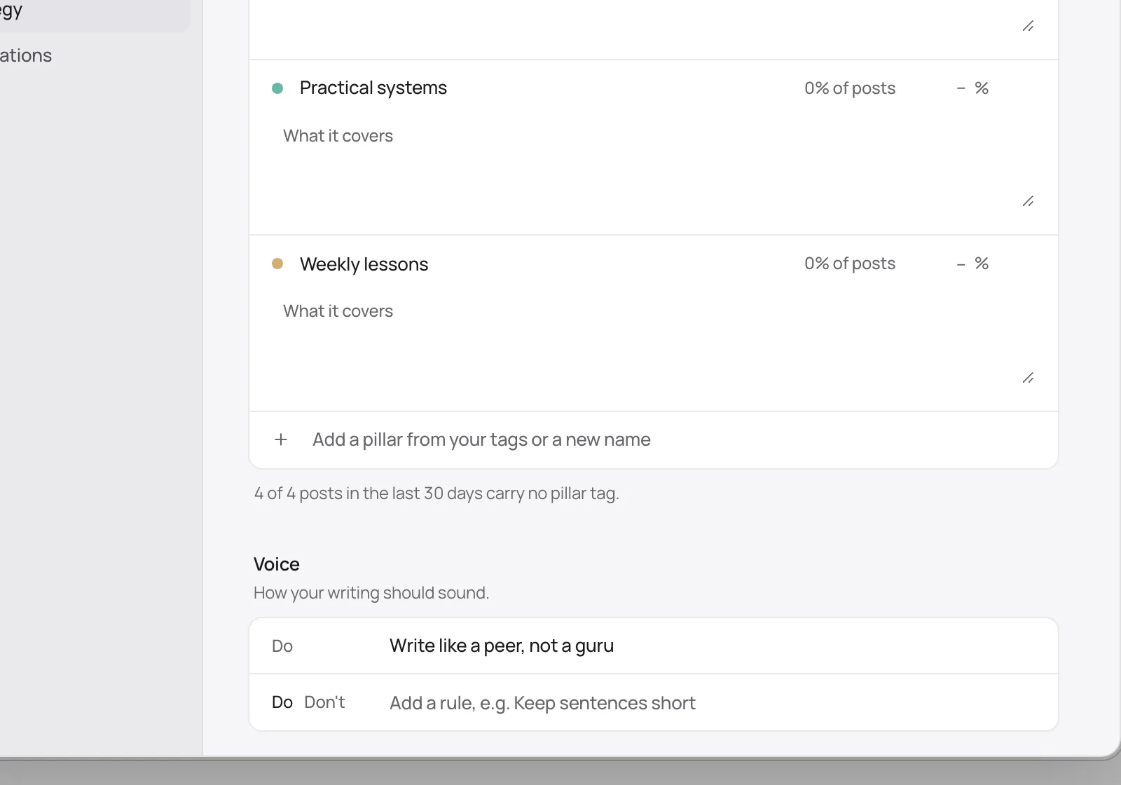 Distinctful voice settings in light mode: content pillars above a voice rule to write like a peer, not a guru