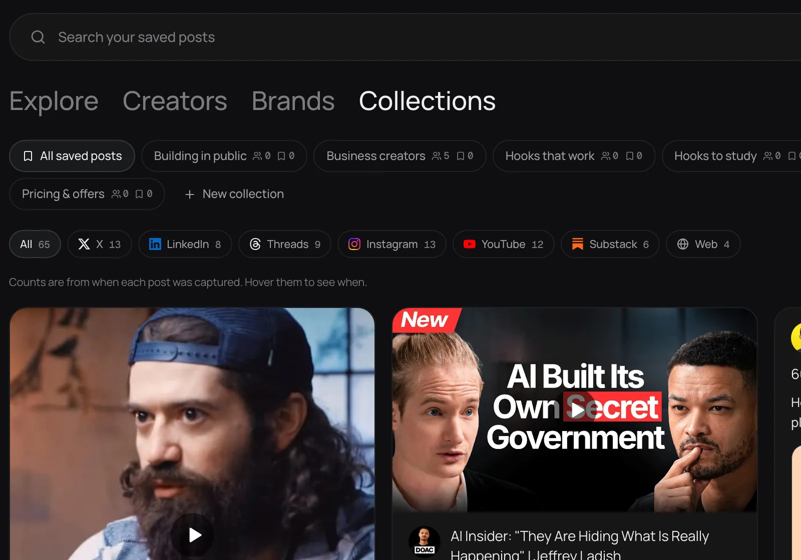 Discover collections in dark mode: saved posts grouped into collections such as Hooks that work, filterable by platform