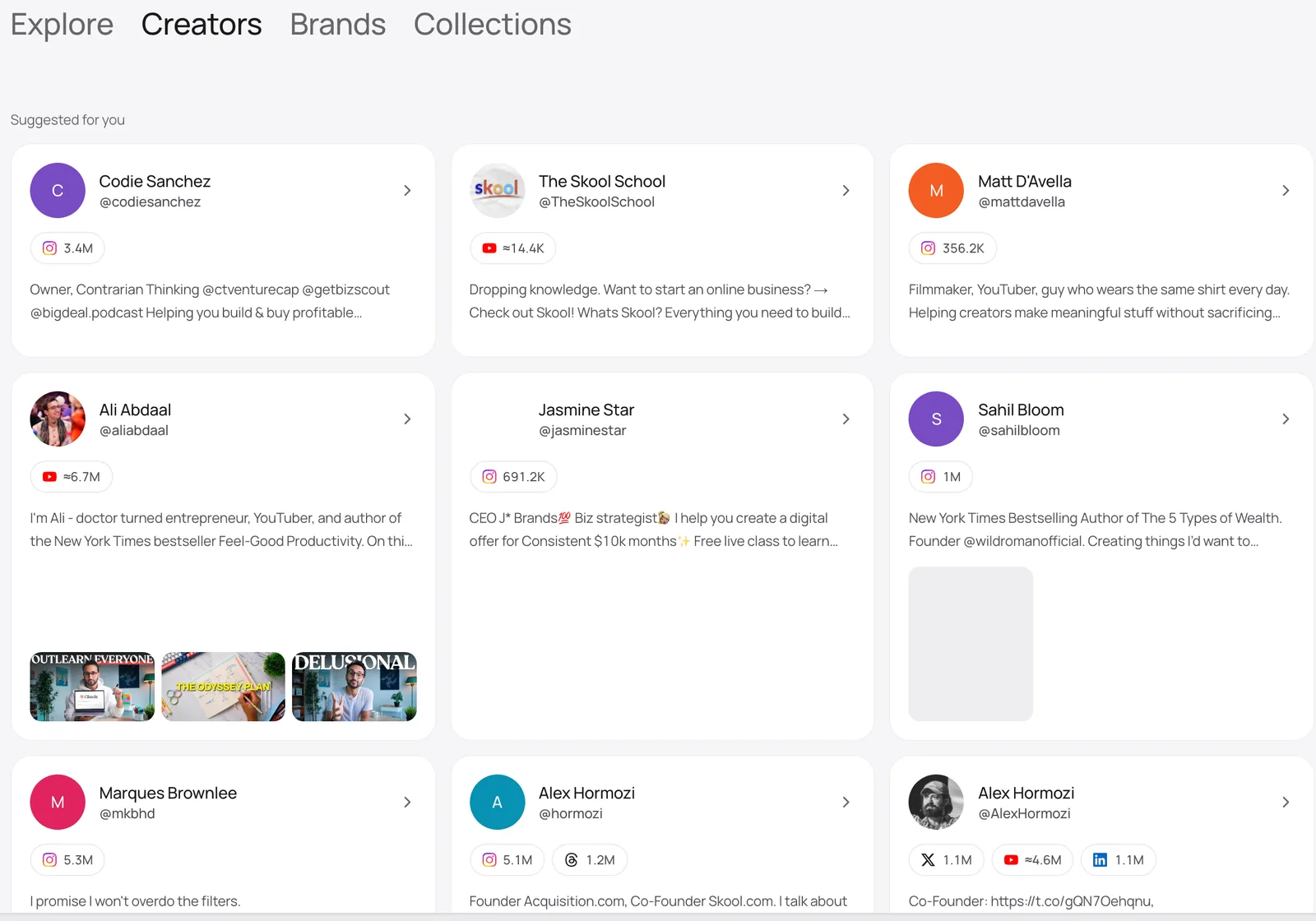 Suggested creators in Discover, light mode, with their platforms, follower counts, and bios