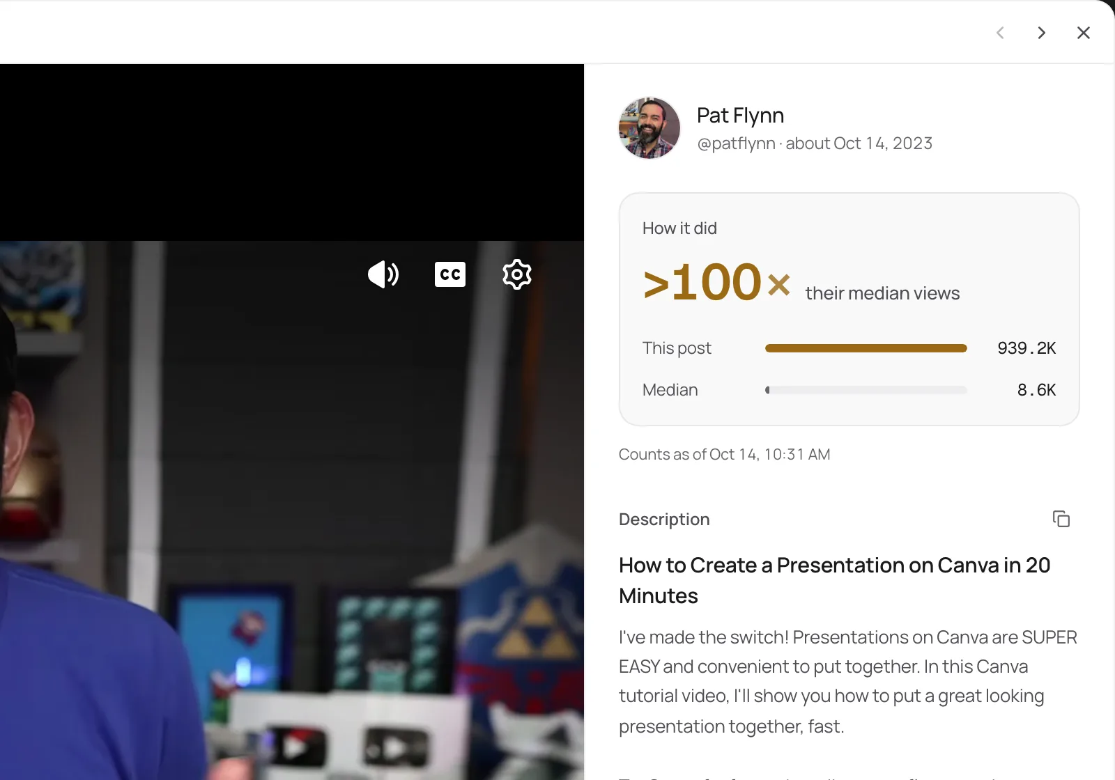 A Discover post in light mode that beat its creator’s median views by more than 100×, with Write from this and Save