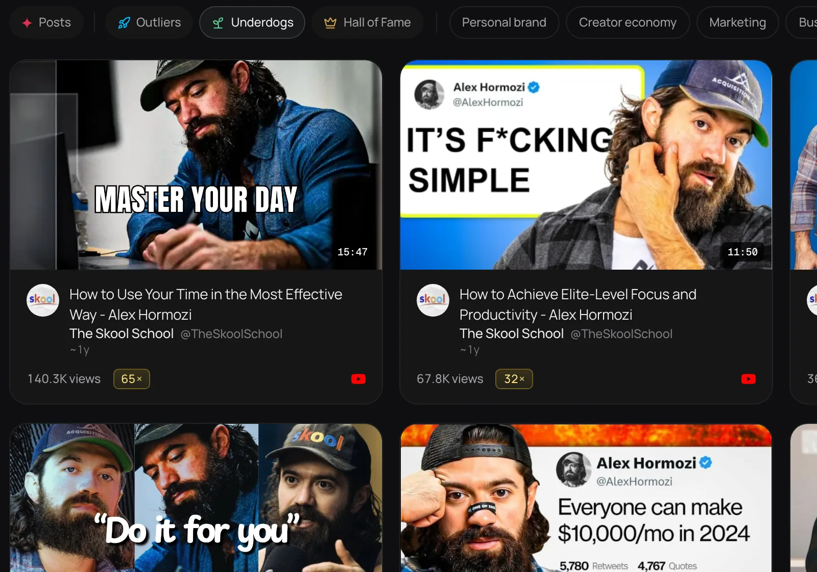 The Discover Underdogs feed in dark mode: standout posts from smaller creators, each marked with how far it beat their usual