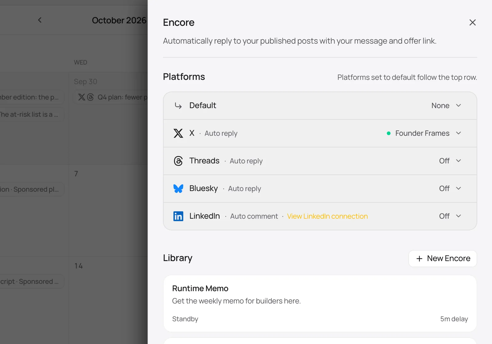Distinctful Encore settings in light mode: an automatic X reply that links to an offer, with a library of saved offers