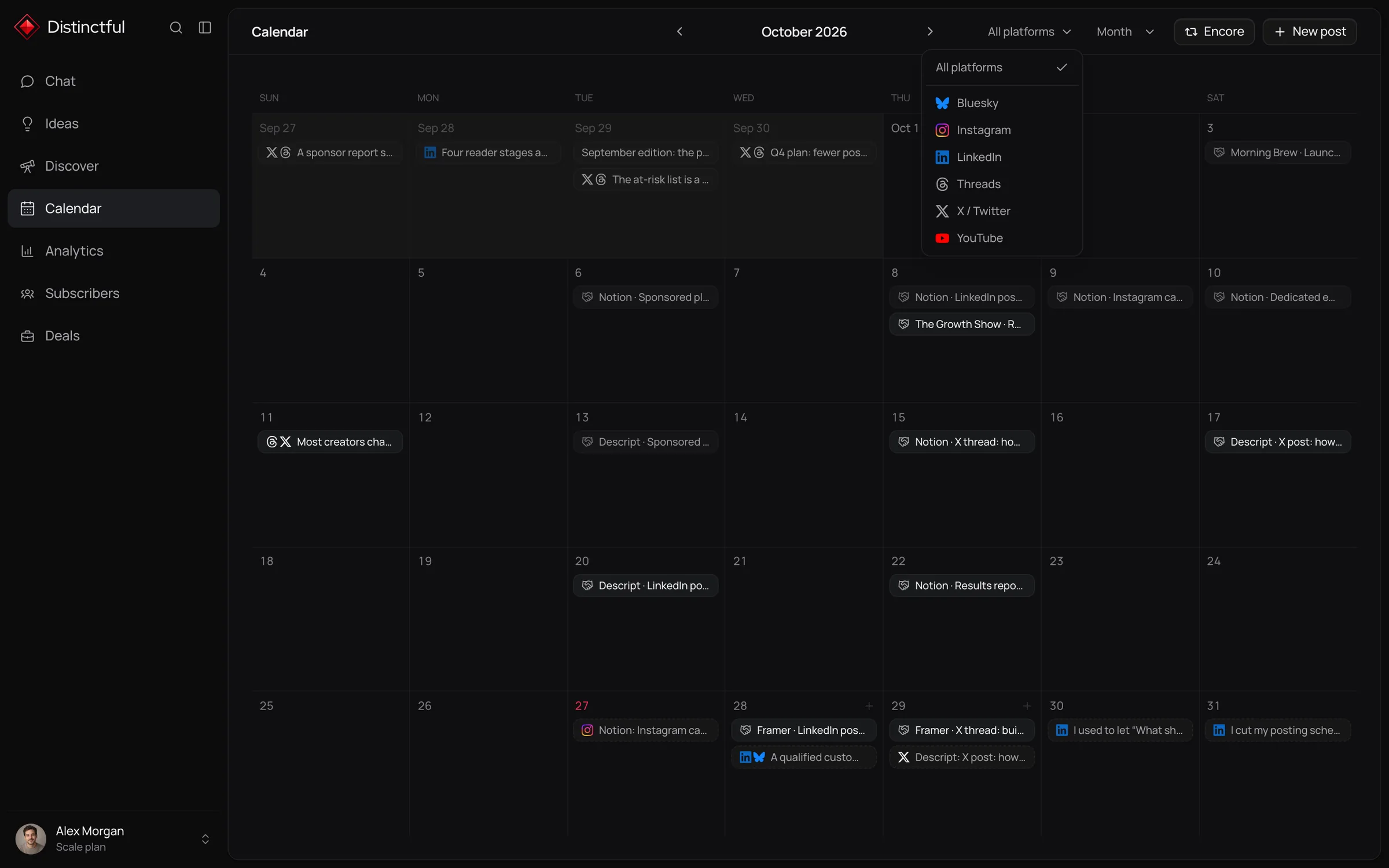 Distinctful content calendar in dark mode: October 2026 with the platform filter open to Bluesky, Instagram, LinkedIn, Threads, X, and YouTube