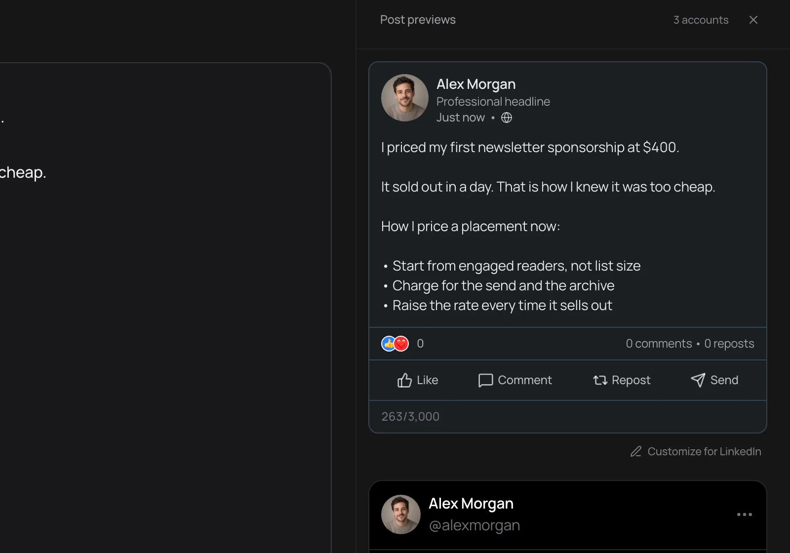 Live LinkedIn and X previews of the same post in the Distinctful composer, dark mode