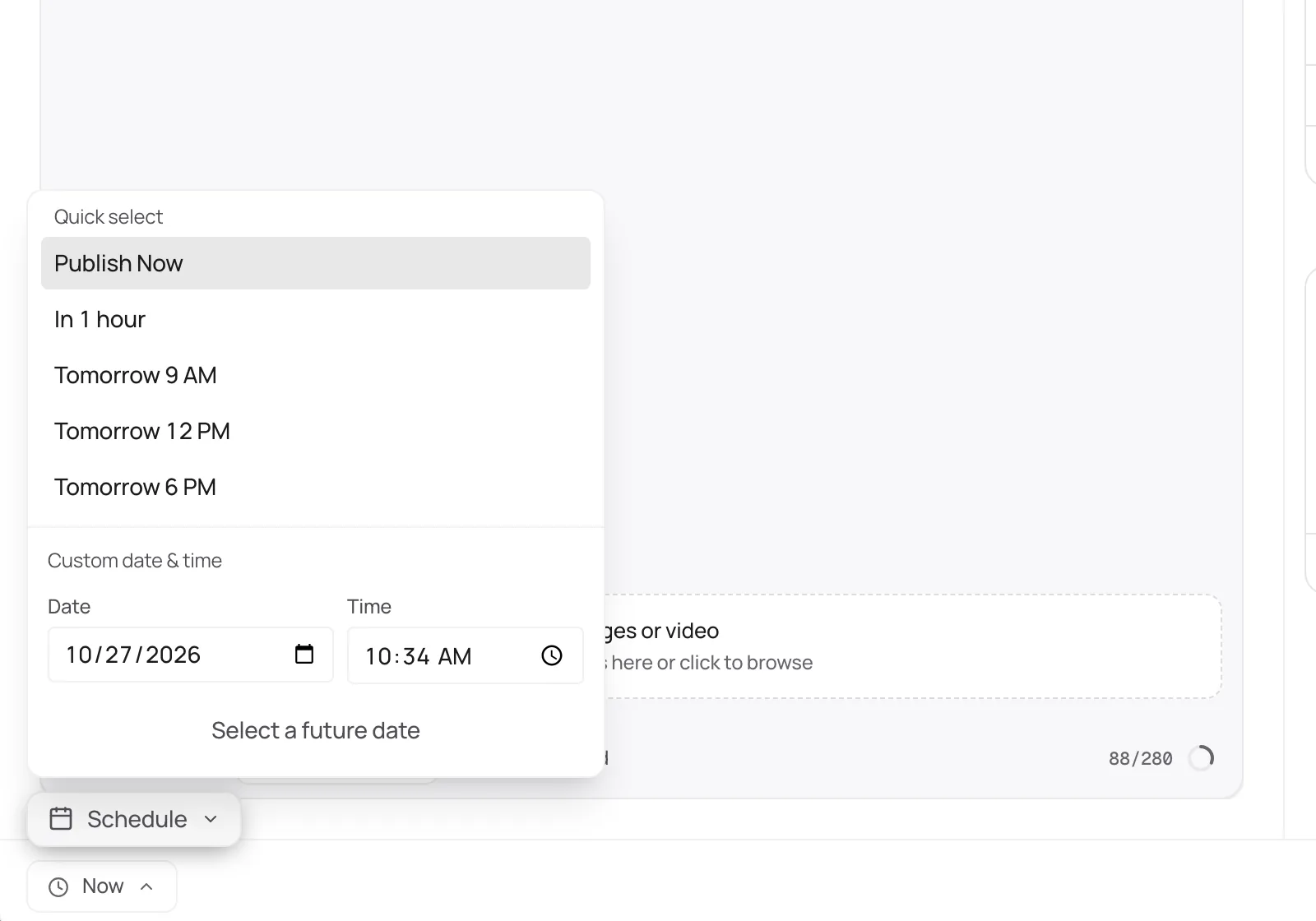 The Distinctful schedule menu in light mode, with quick picks for tomorrow and a custom date and time