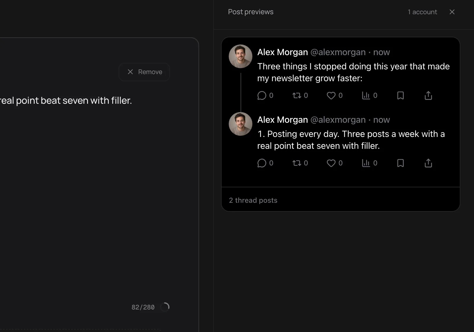 A two-post X thread in the Distinctful composer with the thread previewed beside it, dark mode