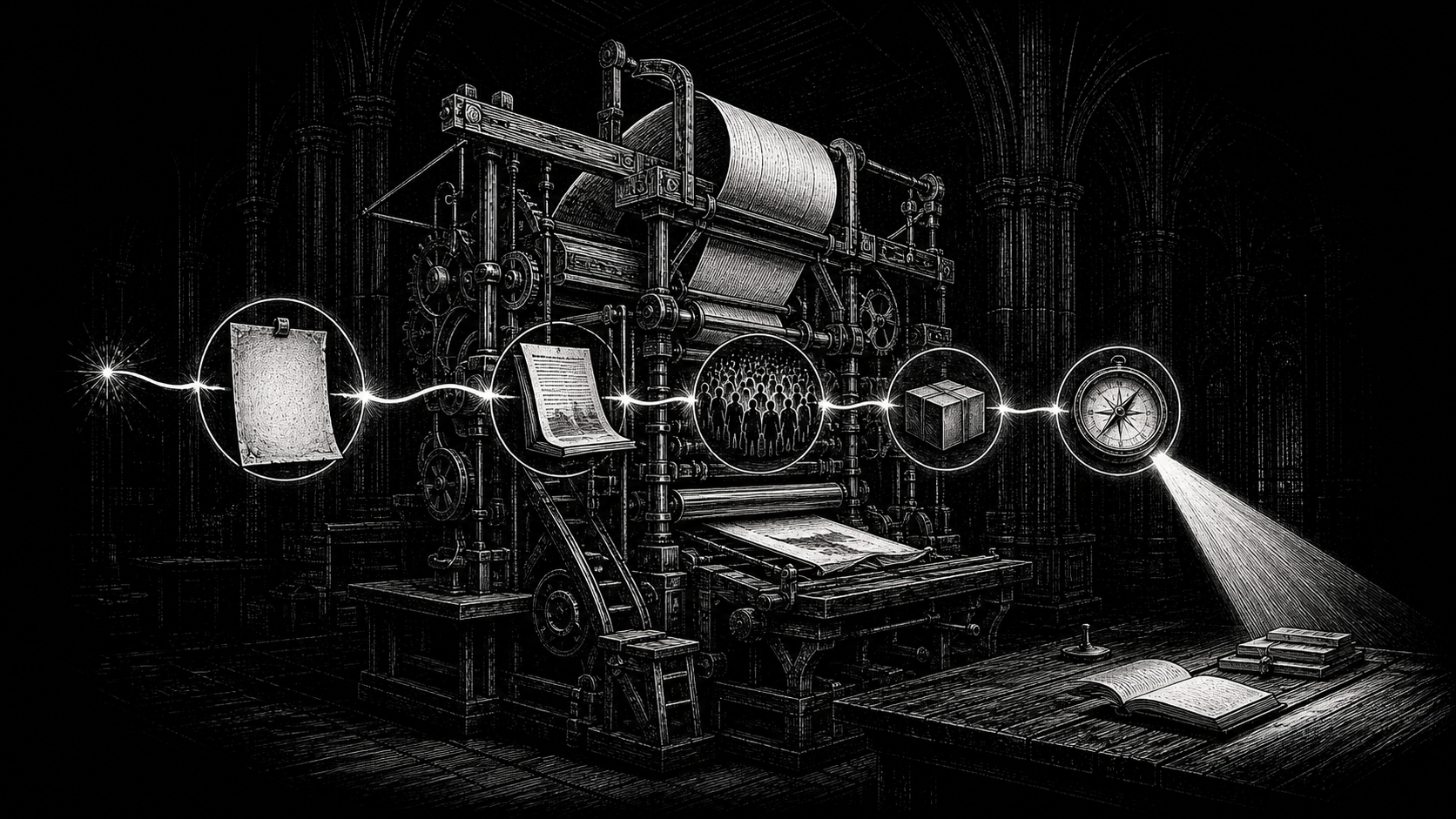 An old printing press turning one thread of content context into a clear decision beam