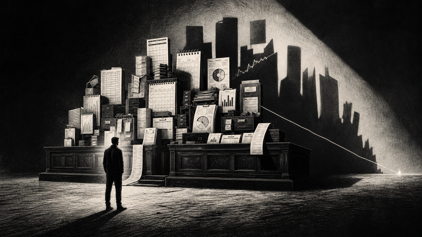 A lone operator facing a tower of disconnected content records casting contradictory shadows