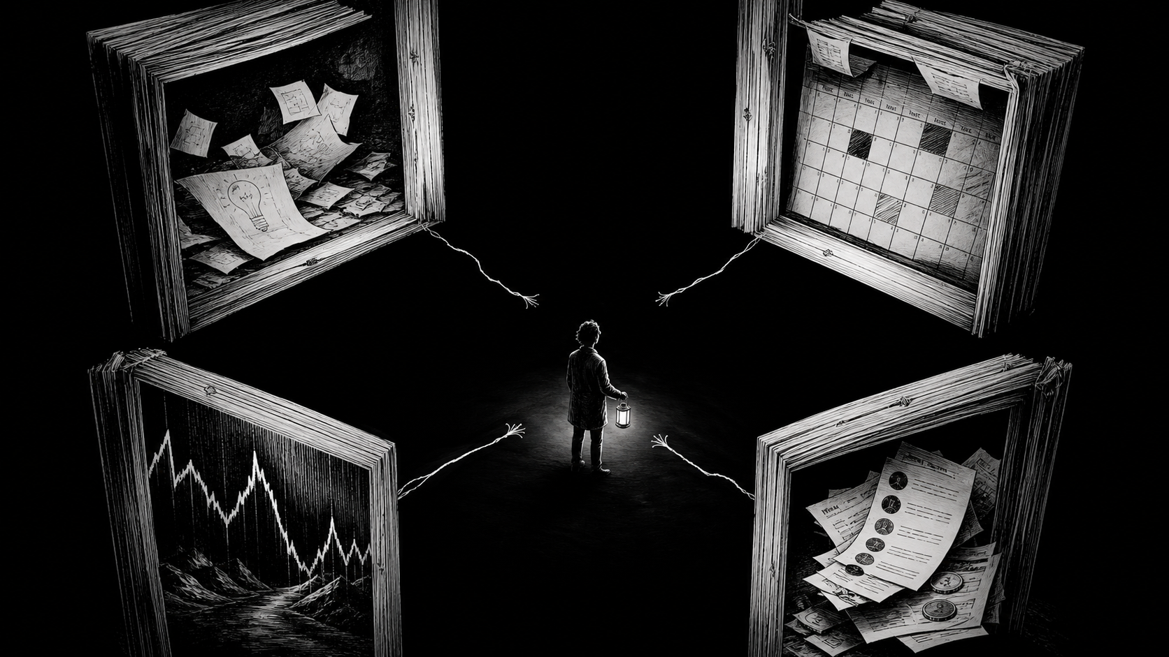 Four disconnected archive chambers around a solopreneur holding a lamp