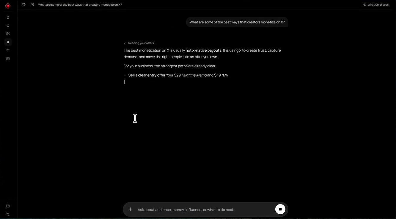 Distinctful Chief reading the workspace offers before answering a monetization question