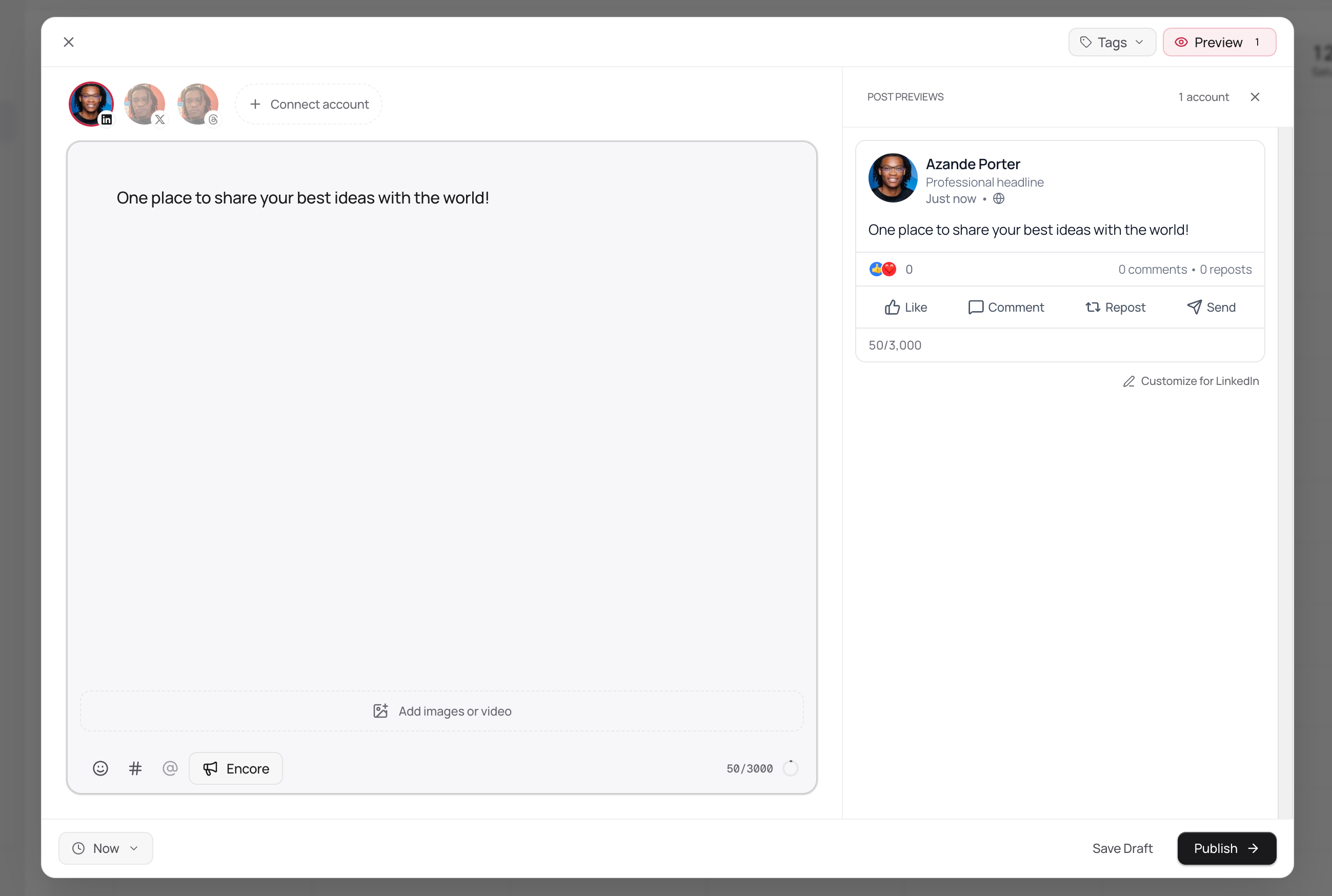 Distinctful composer with an editable LinkedIn draft, platform preview, Save Draft, and Publish controls