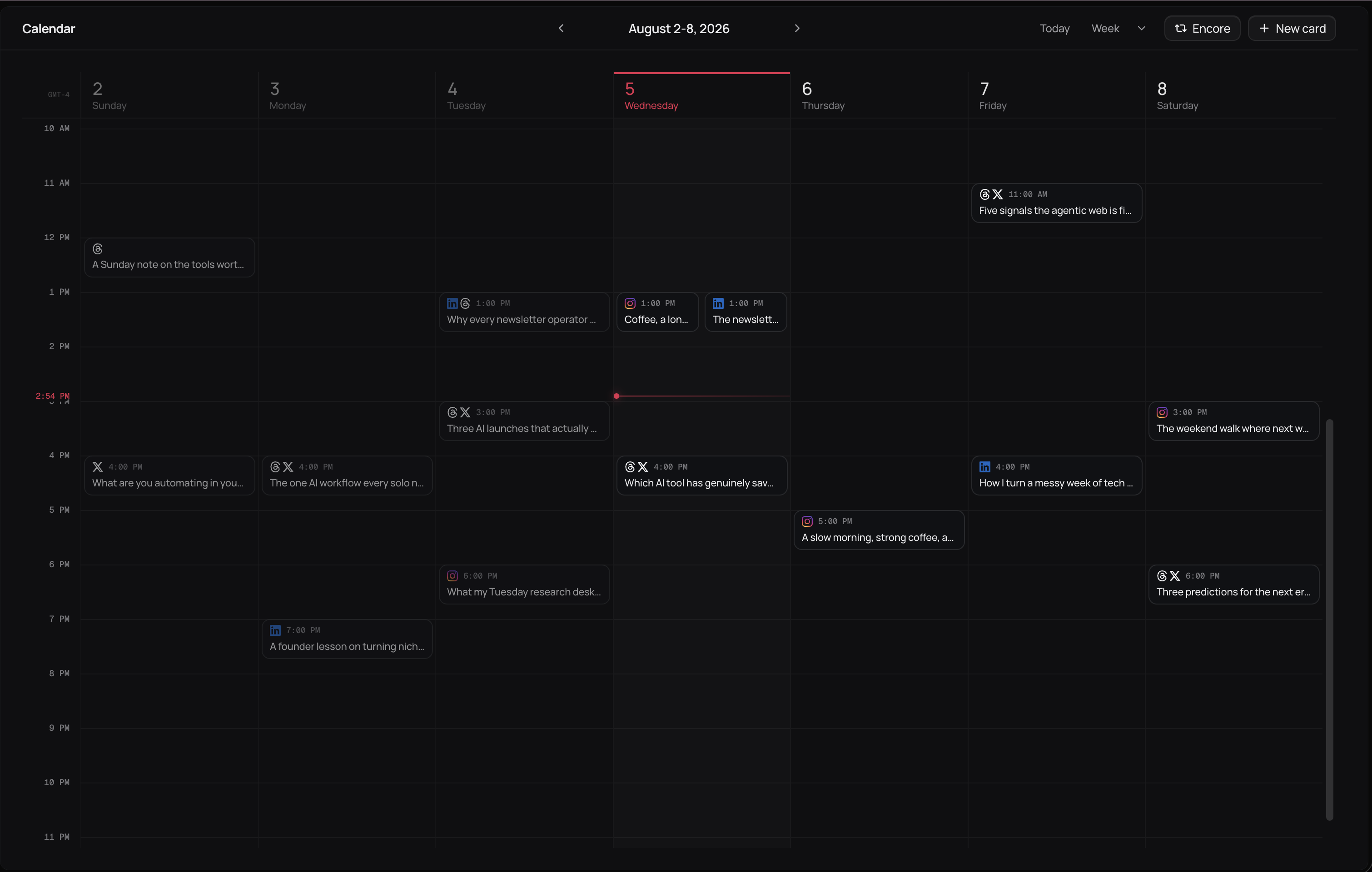 Distinctful weekly content calendar showing a complete publishing schedule across Threads, Twitter/X, LinkedIn, and Instagram