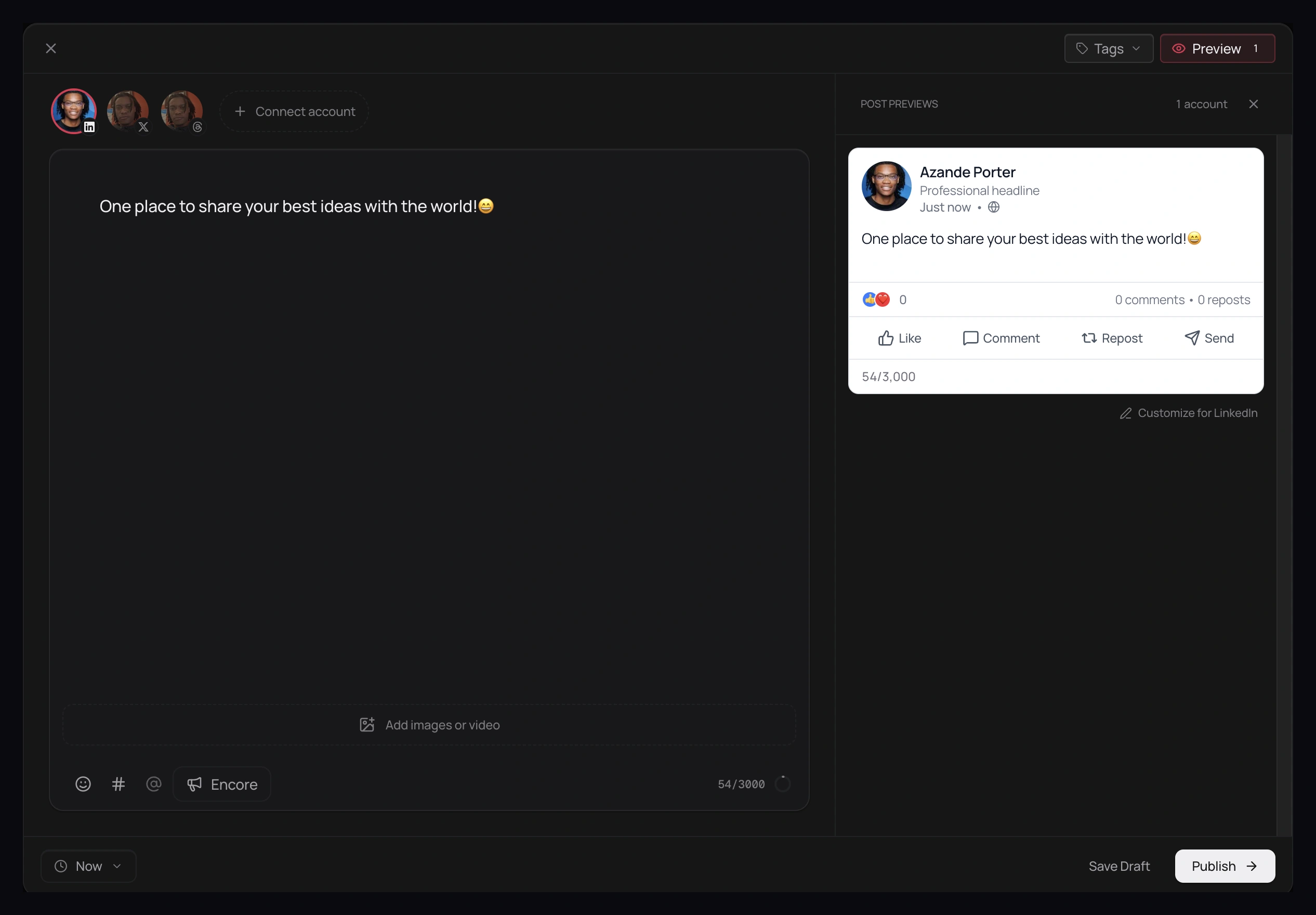 Distinctful composer with connected LinkedIn, Twitter/X, and Threads accounts, a draft, and a live LinkedIn post preview