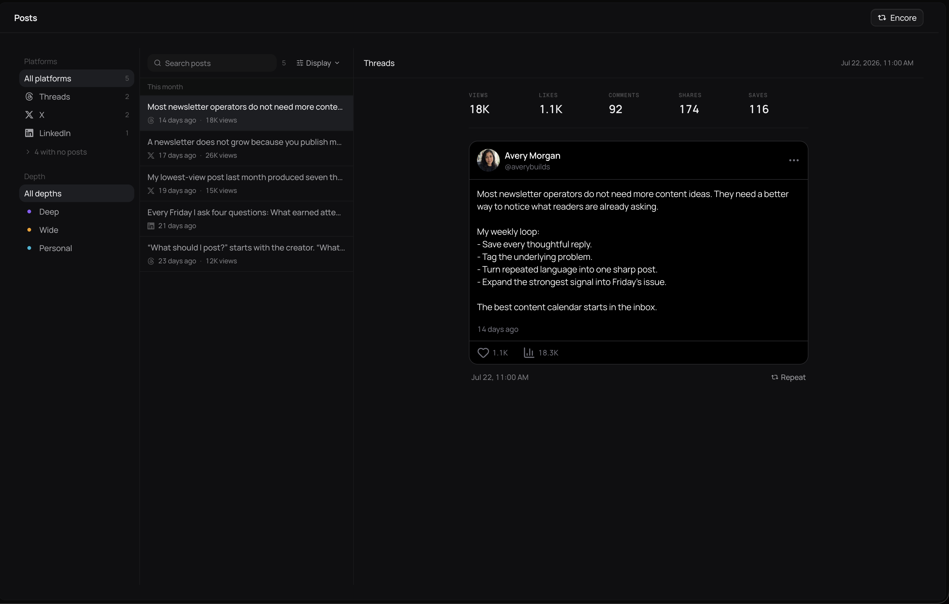 Distinctful posts feed filtered by platform and depth, with a published Threads post showing views, likes, comments, shares, saves, and a repeat action