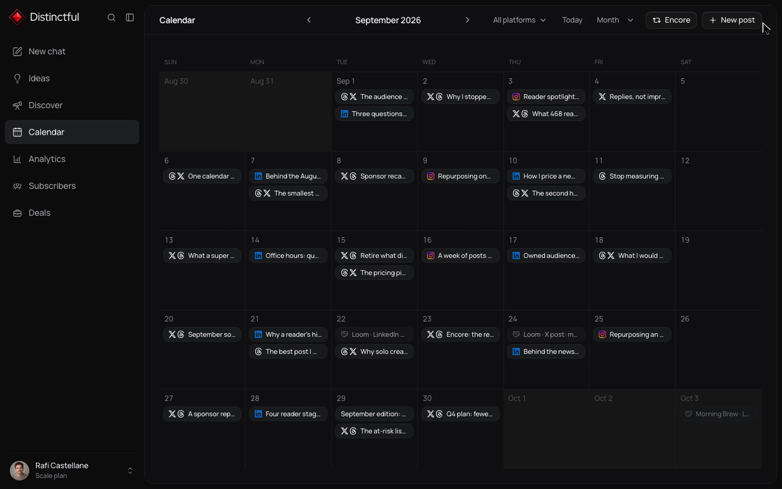 Distinctful calendar showing content arranged across a month for planning and scheduling